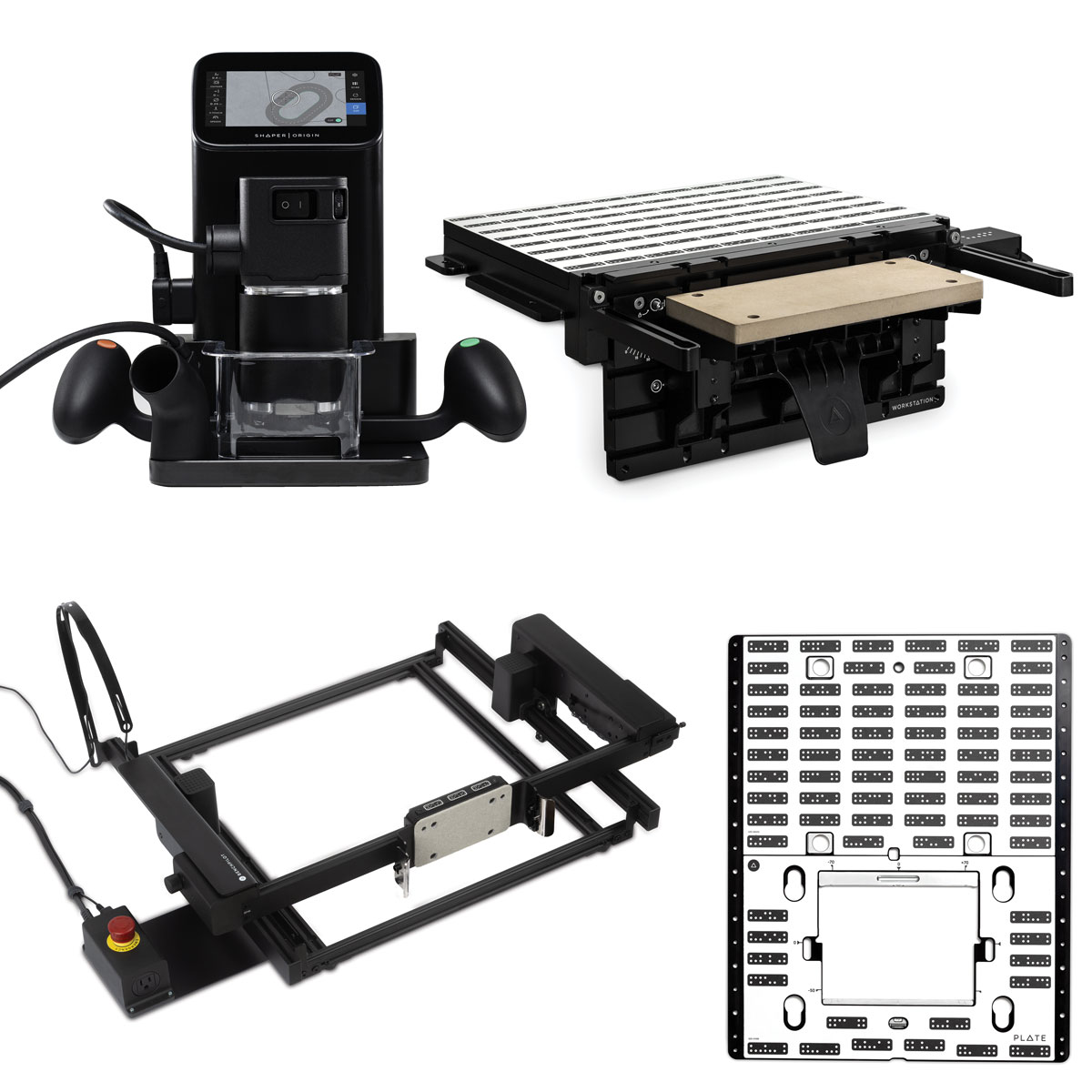 product: Shaper Origin Handheld CNC Router with Shaper Workstation, Plate and BenchPilot Package shown