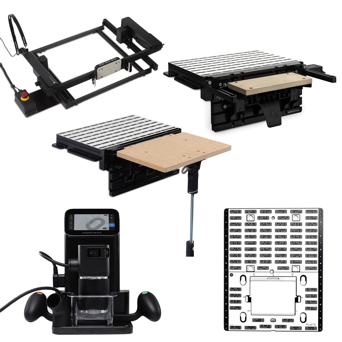 product: Shaper Origin Handheld CNC Router, Workstation, Plate, BenchPilot and Shelf Upgrade Package shown