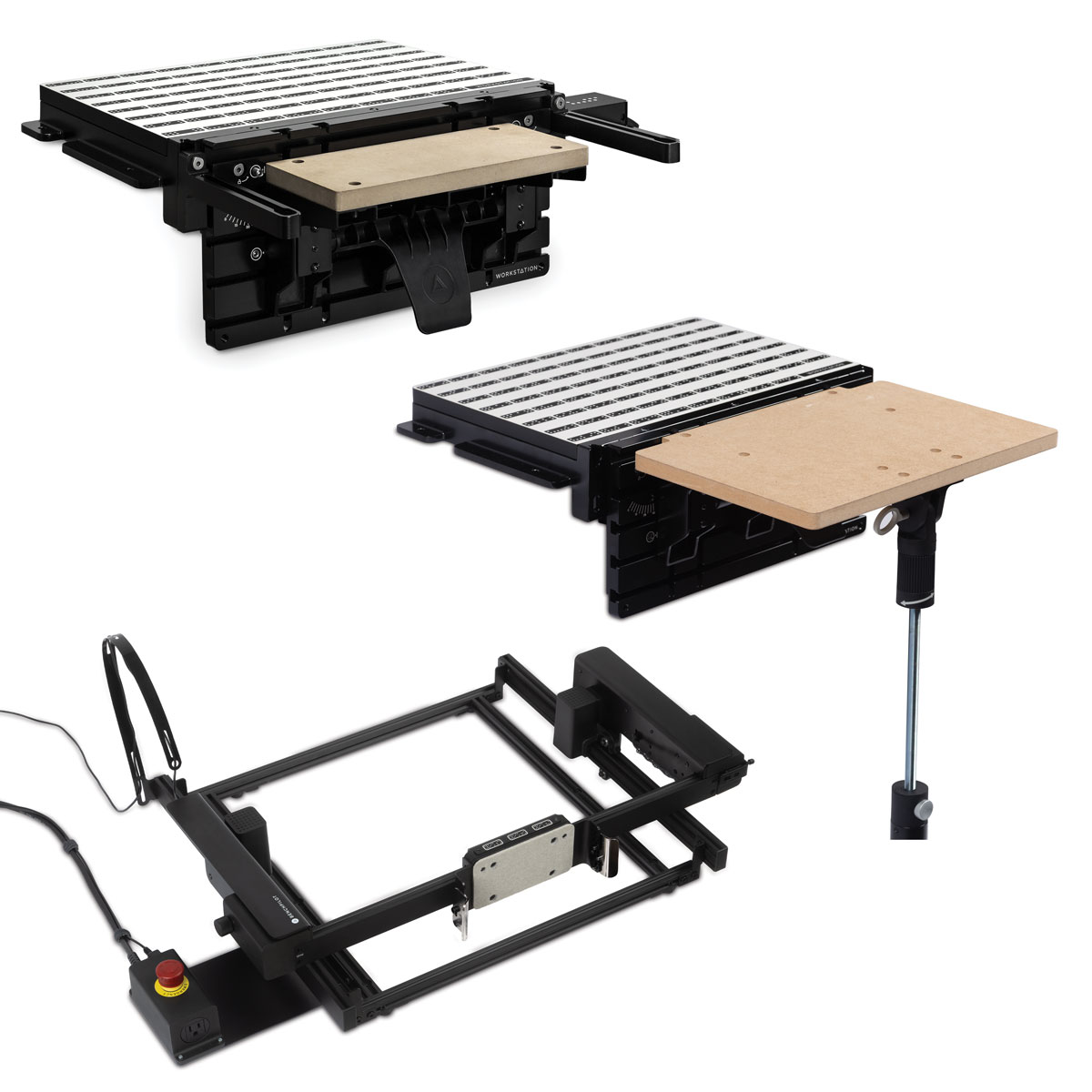 product: Shaper BenchPilot, Workstation and Shelf Upgrade Package for Origin Handheld CNC Router shown