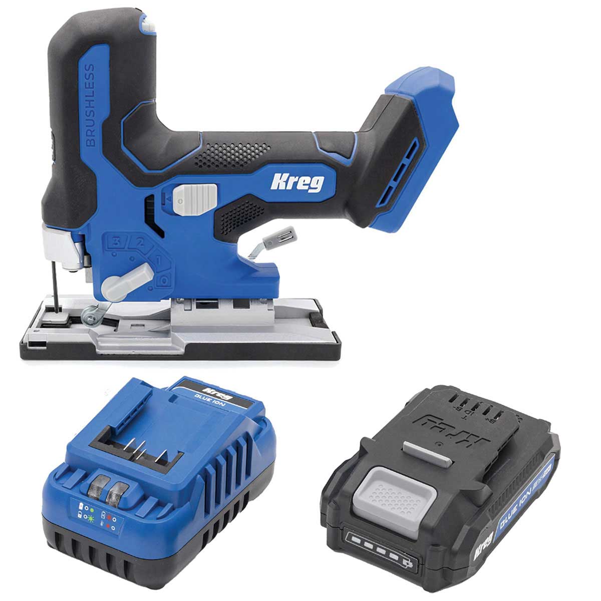 product: Kreg Ionic Drive Barrel Grip Jigsaw with 2AH Battery and Charger Kit shown