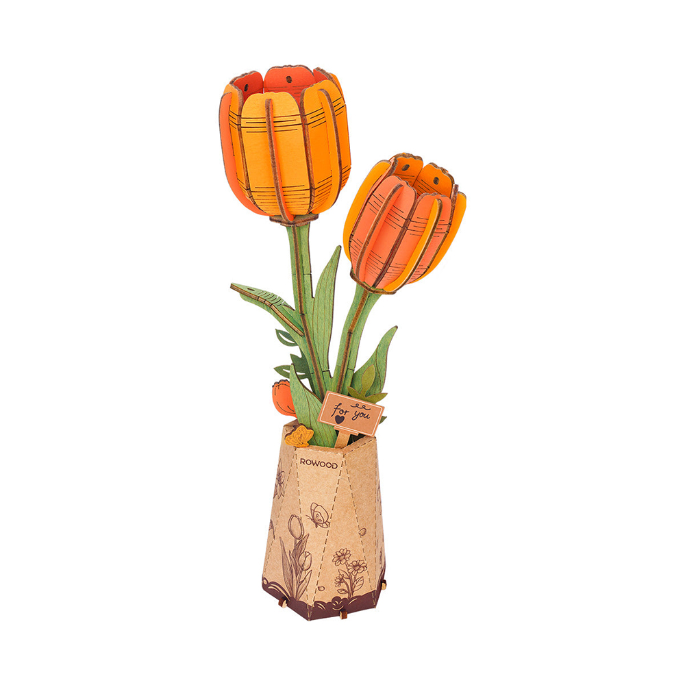 product: Rolife Orange Tulip 3D Wooden Flower Model Kit shown