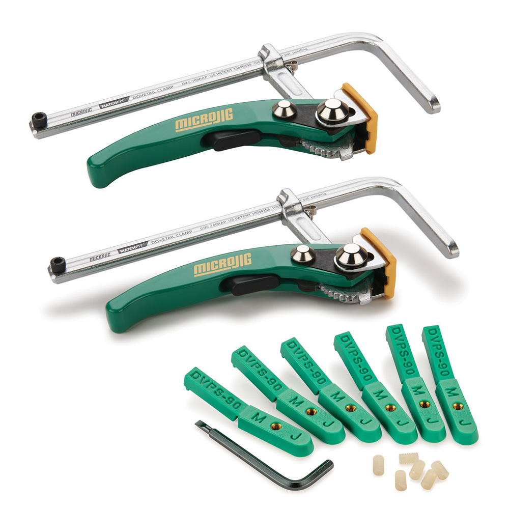 product: Microjig MATCHFIT Dovetail Ratchet Clamps and MATCHFIT Dovetail Pop Stop - 6 Piece shown
