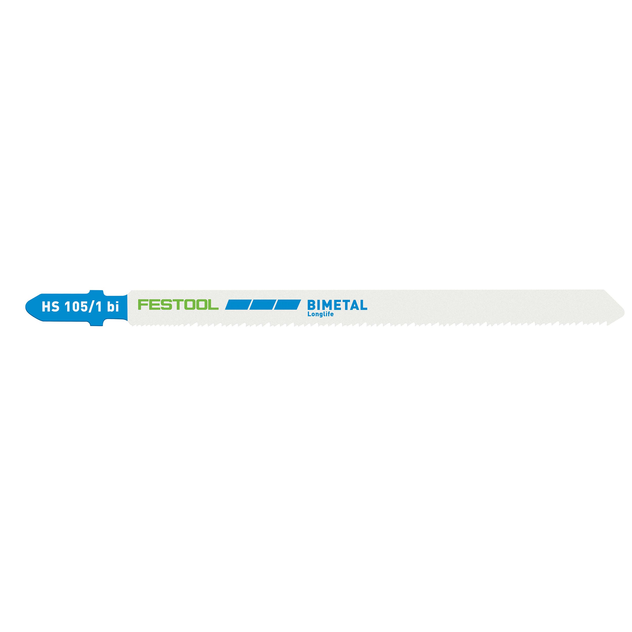 product: Festool Steel/Stainless Steel Metal Cutting Jigsaw Blades, 105mm L, 1 pitch, 5 pack shown