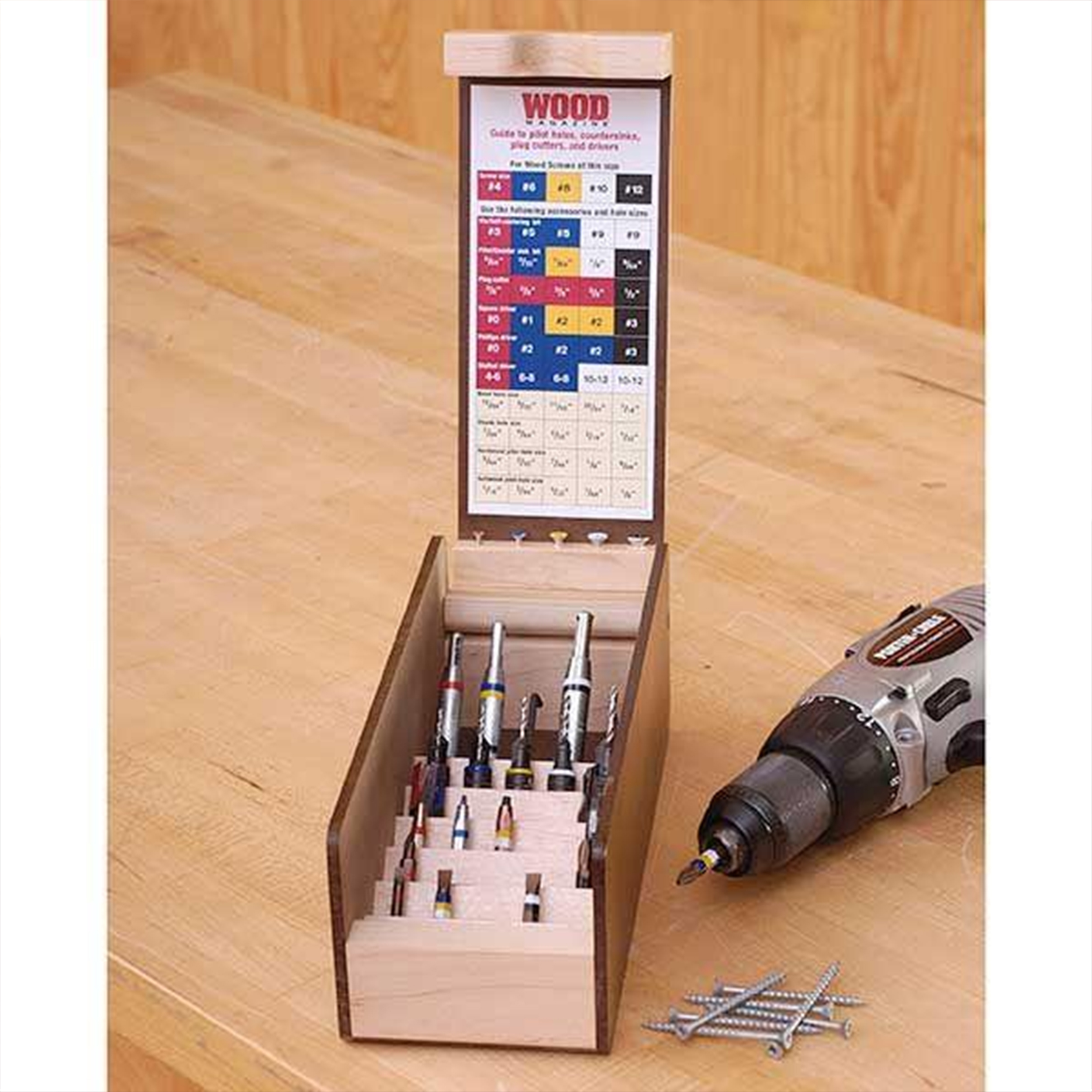 product: Wood Magazine Downloadable Woodworking Project Plan to Build Multi Drill/Driver Organizer shown