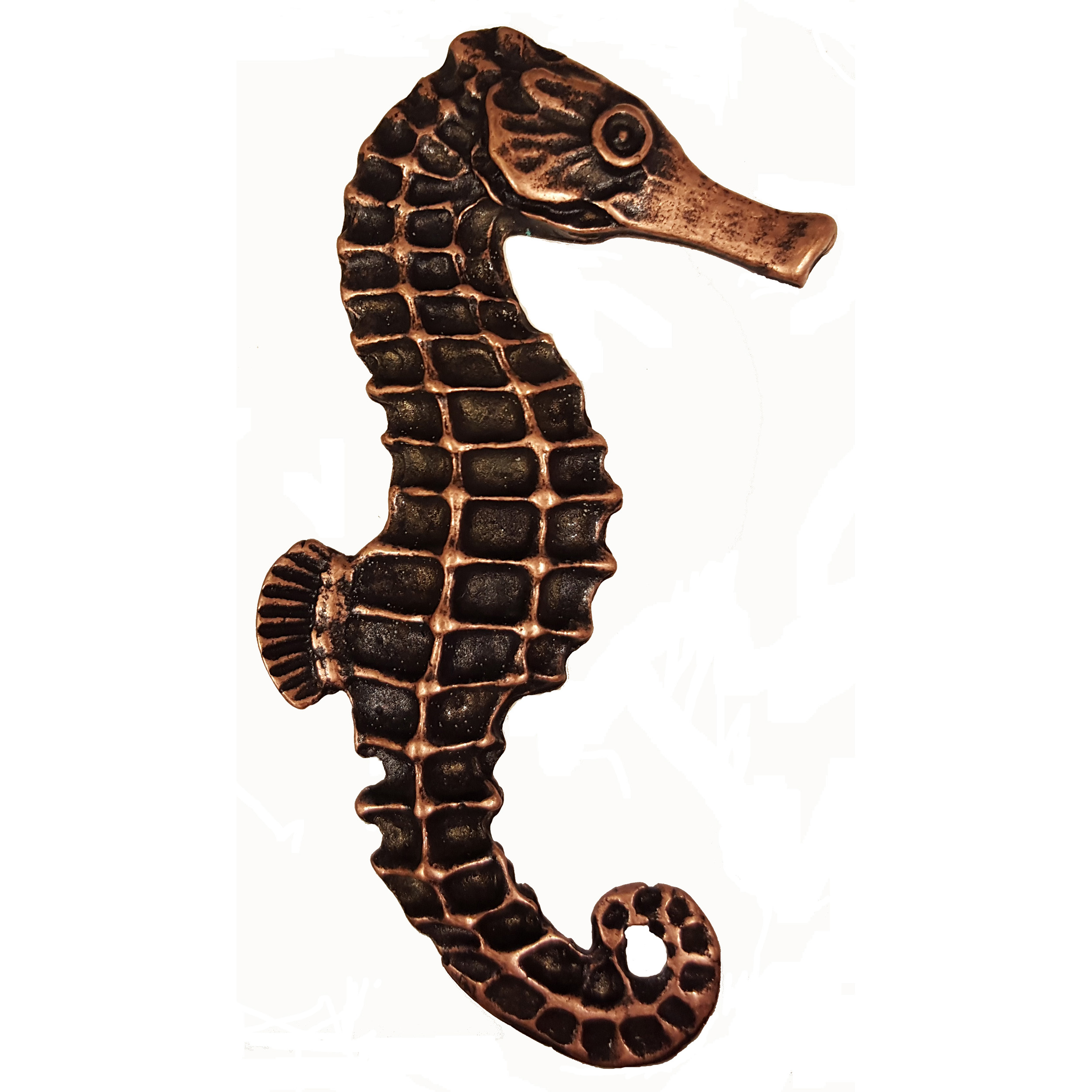 product: Buck Snort Lodge Large Seahorse Knob, Right, Antique Copper, Model 234AC shown