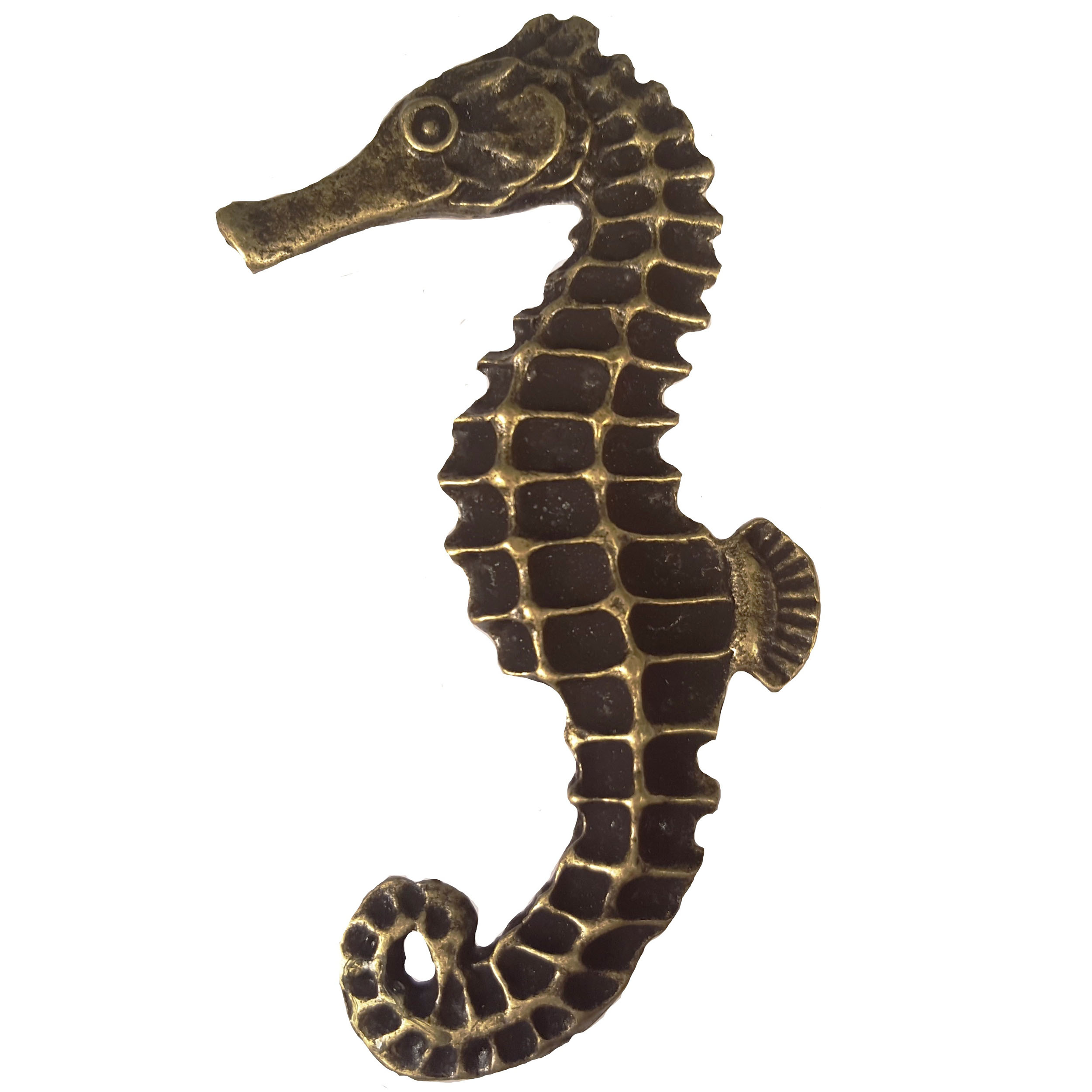 product: Buck Snort Lodge Large Seahorse Knob, Left, Antique Brass, Model 235AB shown