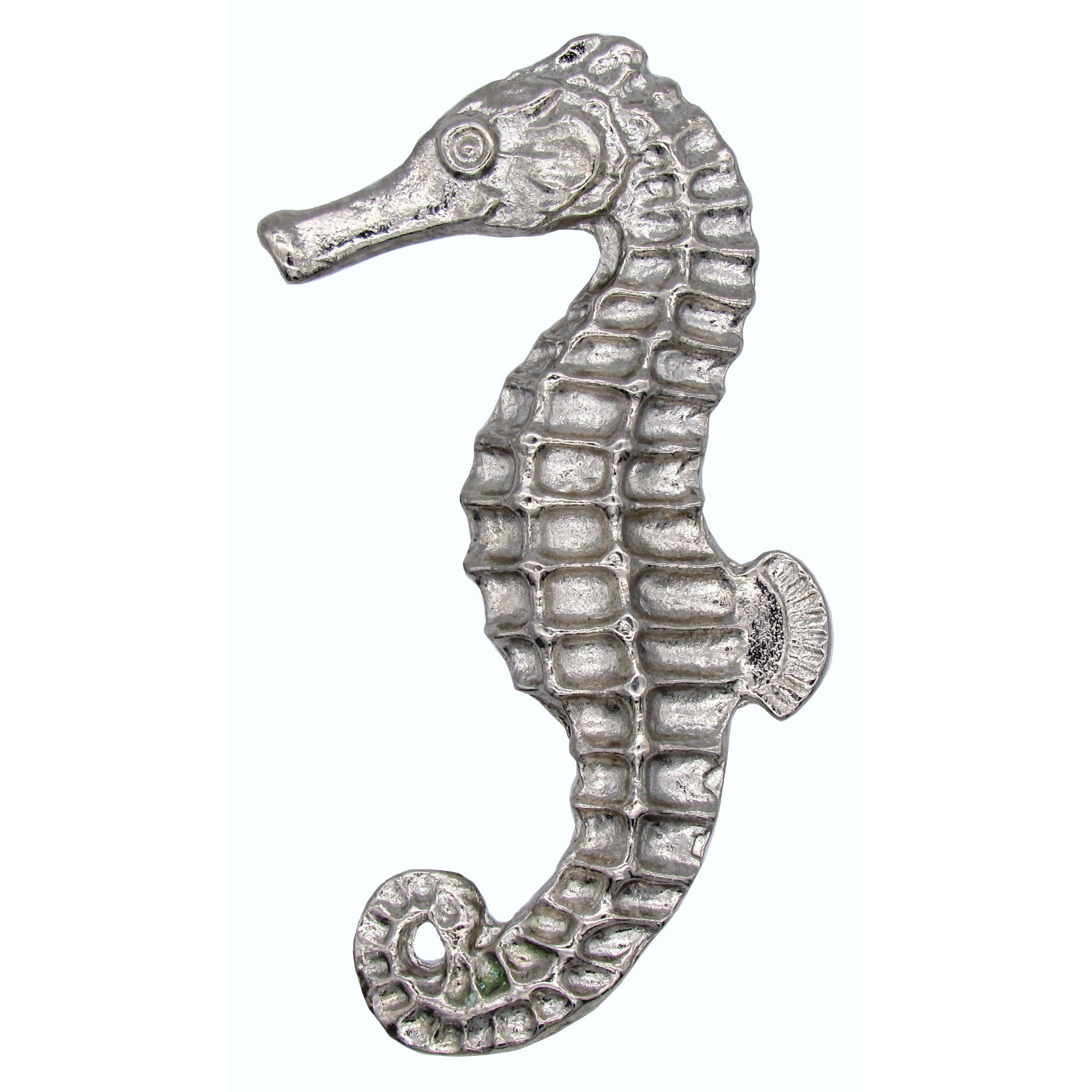 product: Buck Snort Lodge Large Seahorse Knob, Left, Nickel, Model 235N shown