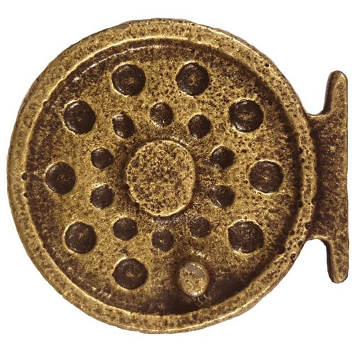 product: Buck Snort Lodge Fly Fishing Reel Pull, Antique Brass, Model 298AB shown