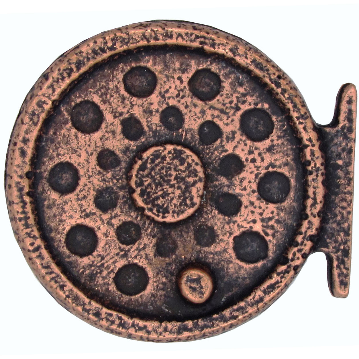 product: Buck Snort Lodge Fly Fishing Reel Pull, Antique Copper, Model 298AC shown
