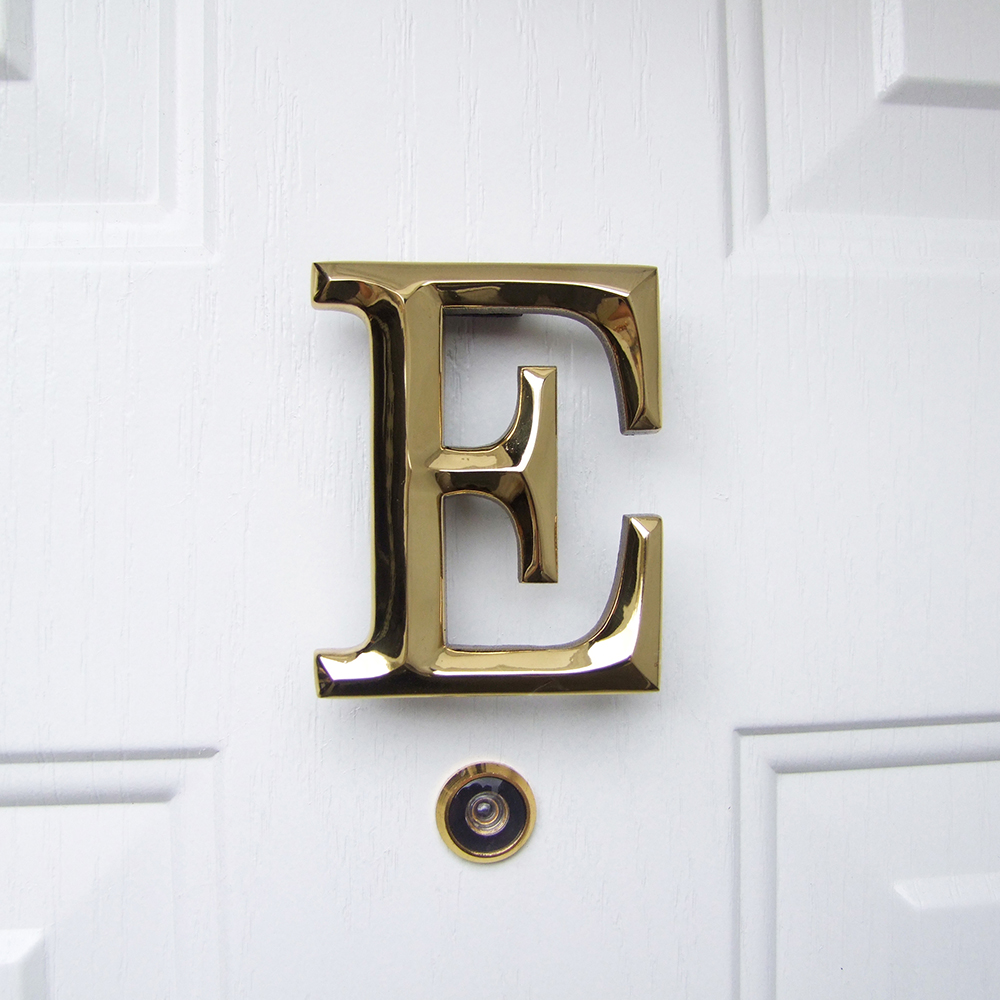 Letter E Monogram Door Knocker, Polished Brass