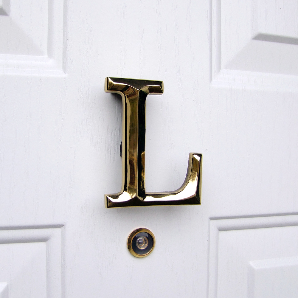 Letter L Monogram Door Knocker, Polished Brass