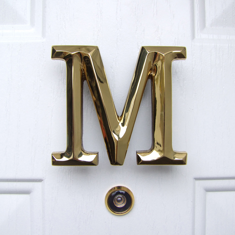 Letter M Monogram Door Knocker, Polished Brass