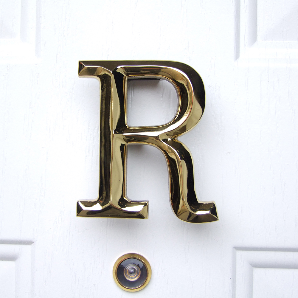 Letter R Monogram Door Knocker, Polished Brass