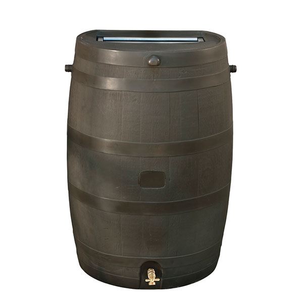 Rain Barrel With Flat Back And Brass Spigot, 50 Gallon, Wood Grain