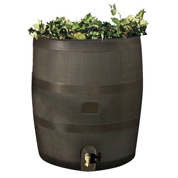 Round Rain Barrel With Planter, 35 Gallon, Mud
