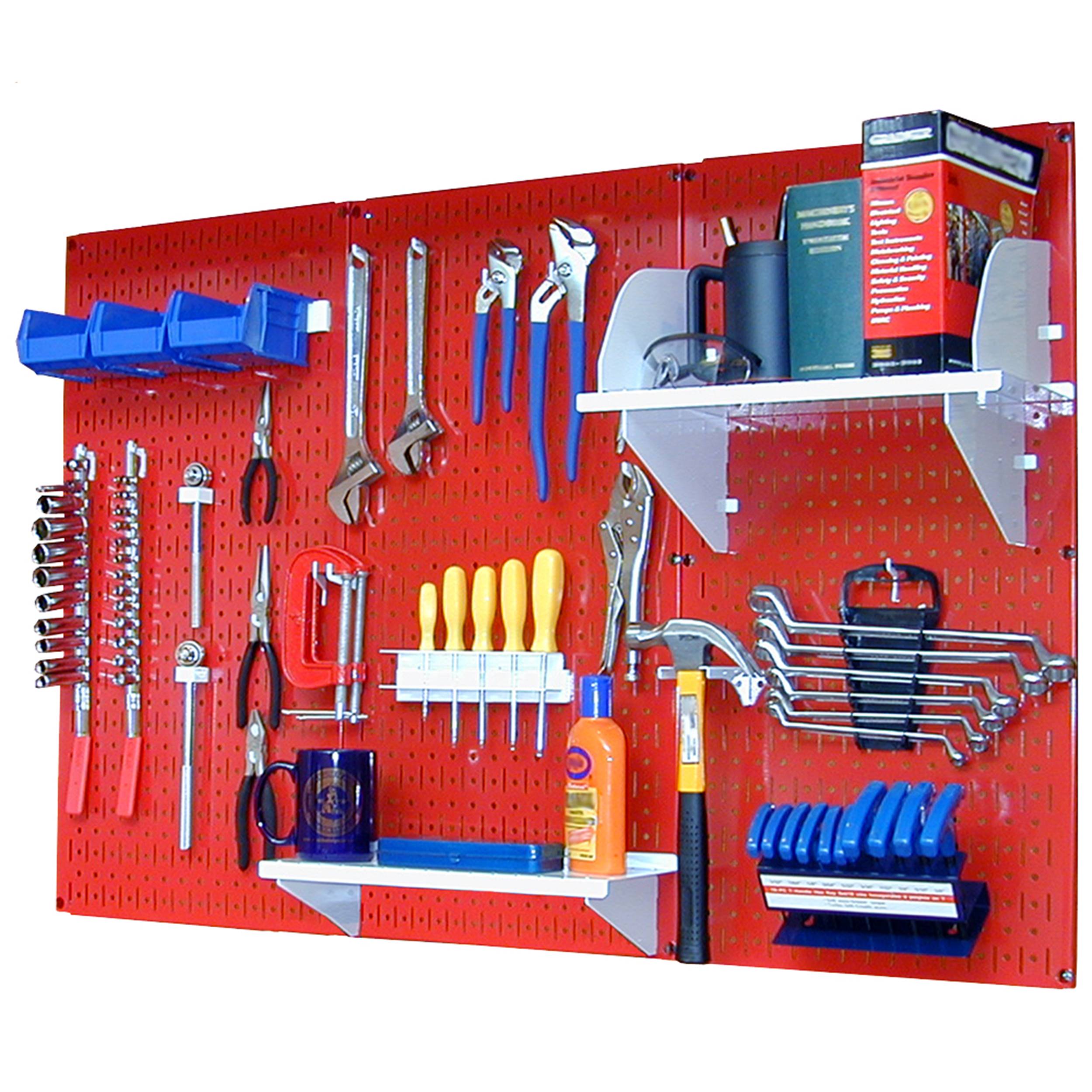product: Wall Control Storage Systems 4' Metal Pegboard Standard Tool Storage Kit - Red Toolboard & White Accessories shown