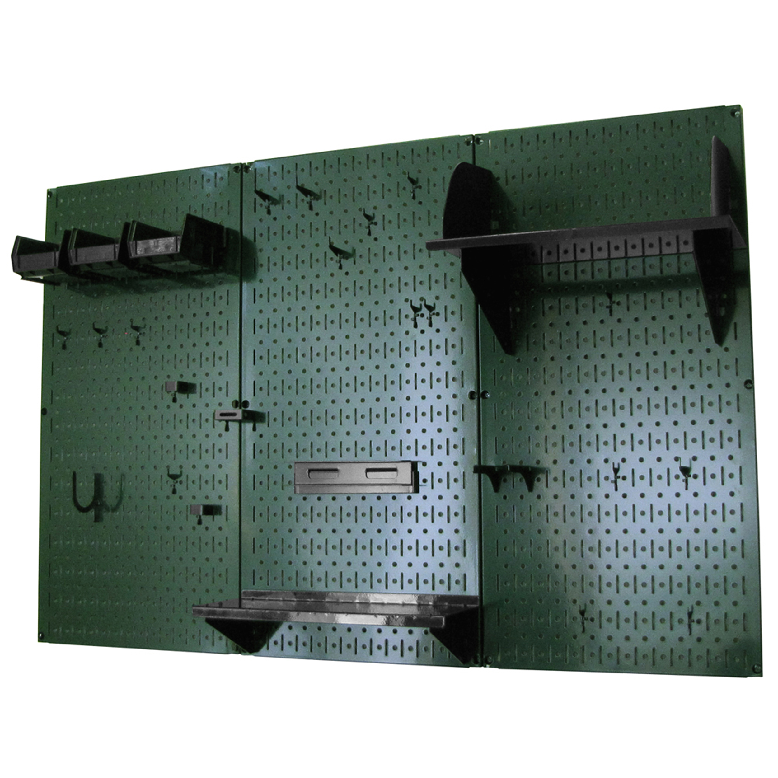 product: Wall Control Storage Systems 4' Metal Pegboard Standard Tool Storage Kit - Green Toolboard & Black Accessories shown