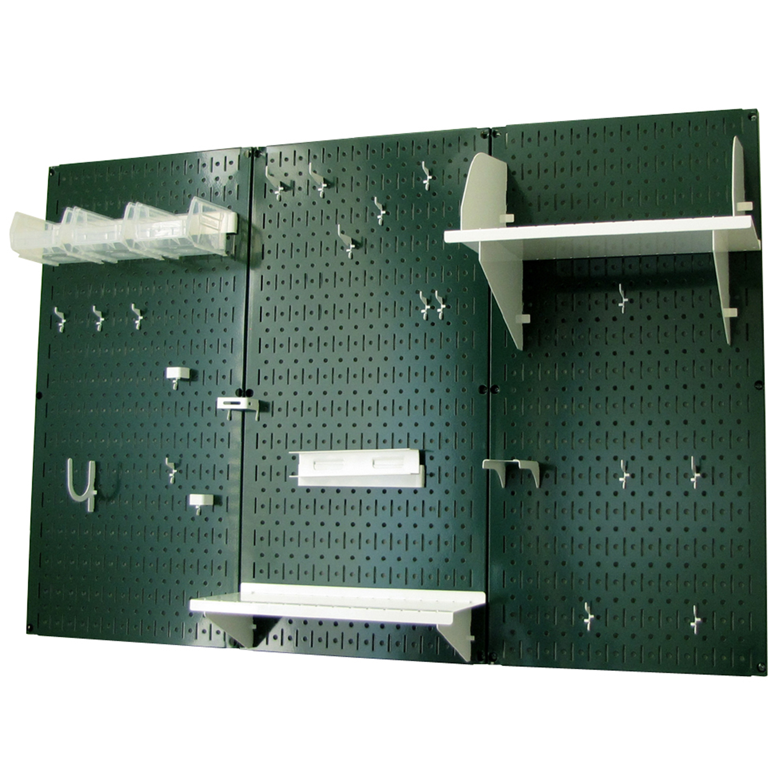 product: Wall Control Storage Systems 4' Metal Pegboard Standard Tool Storage Kit - Green Toolboard & White Accessories shown