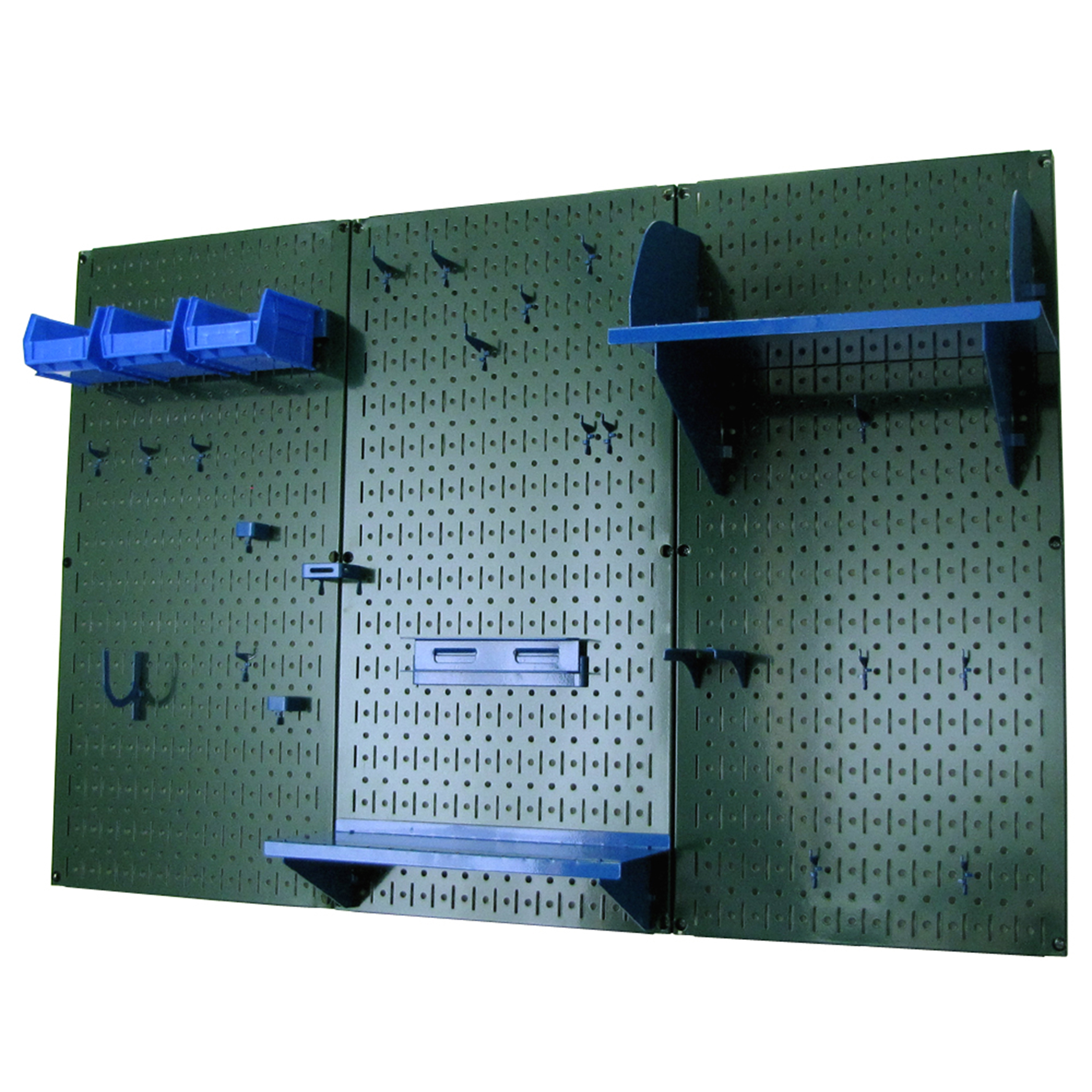 product: Wall Control Storage Systems 4' Metal Pegboard Standard Tool Storage Kit - Green Toolboard & Blue Accessories shown