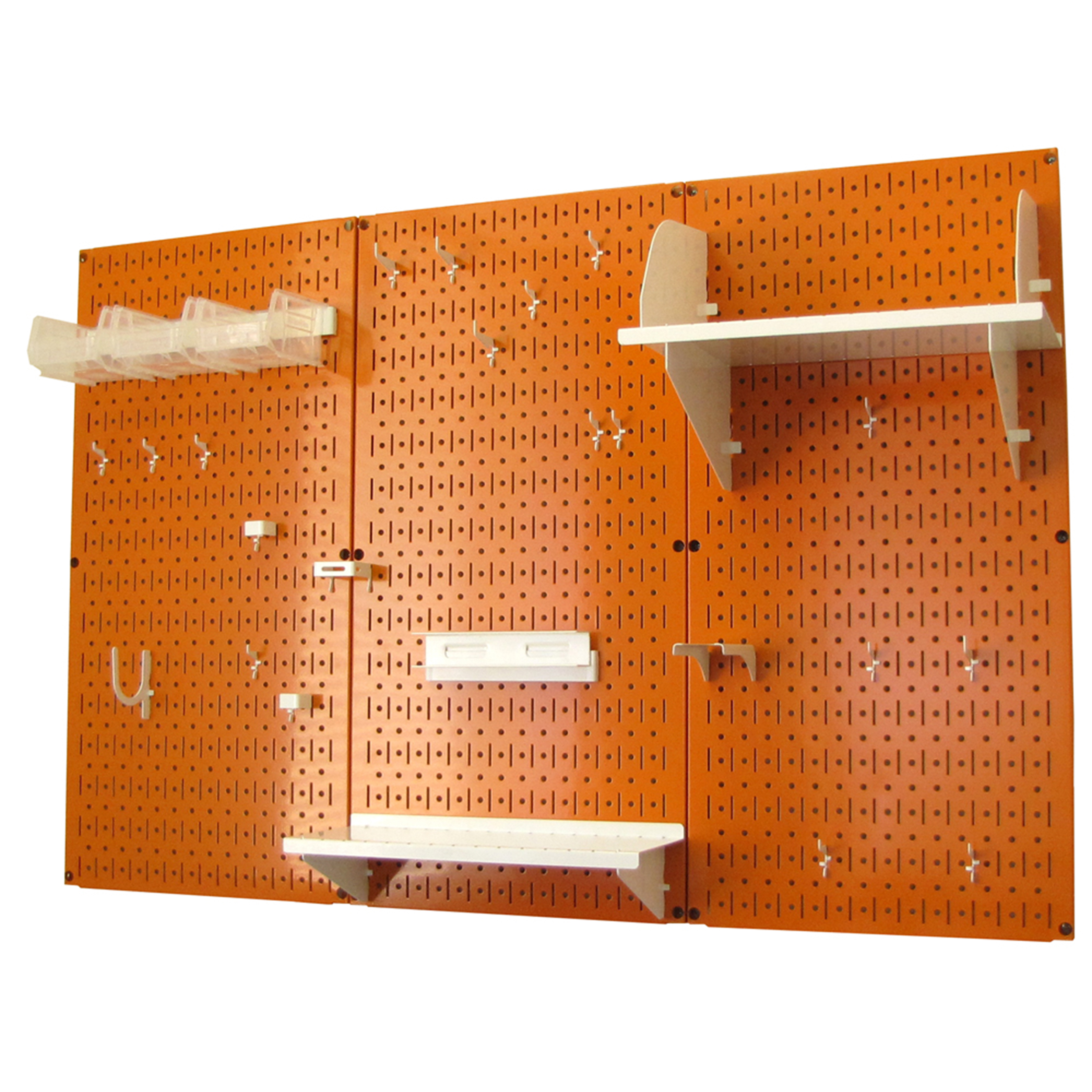 product: Wall Control Storage Systems 4' Metal Pegboard Standard Tool Storage Kit - Orange Toolboard & White Accessories shown