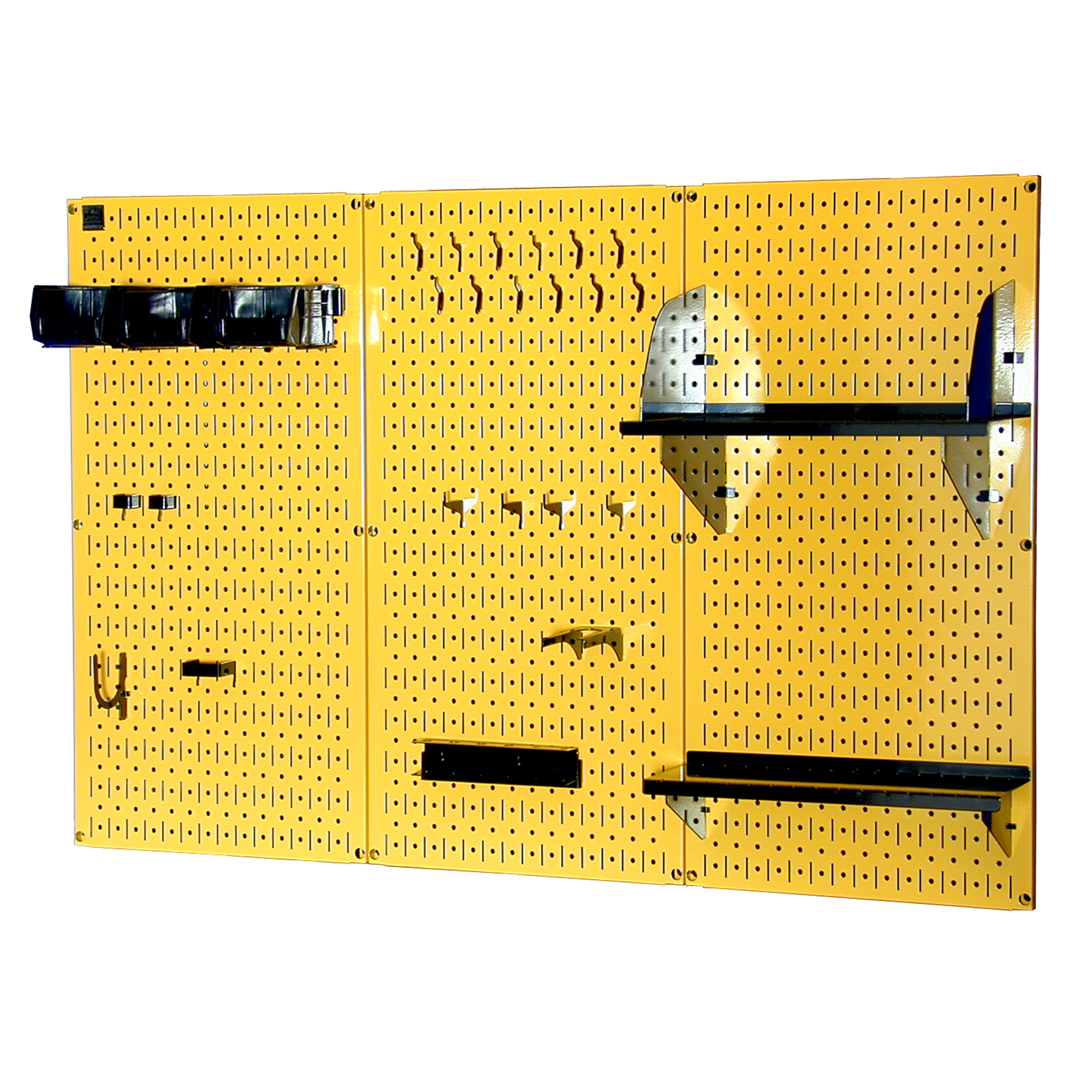product: Wall Control Storage Systems 4' Metal Pegboard Standard Tool Storage Kit - Yellow Toolboard & Black Accessories shown
