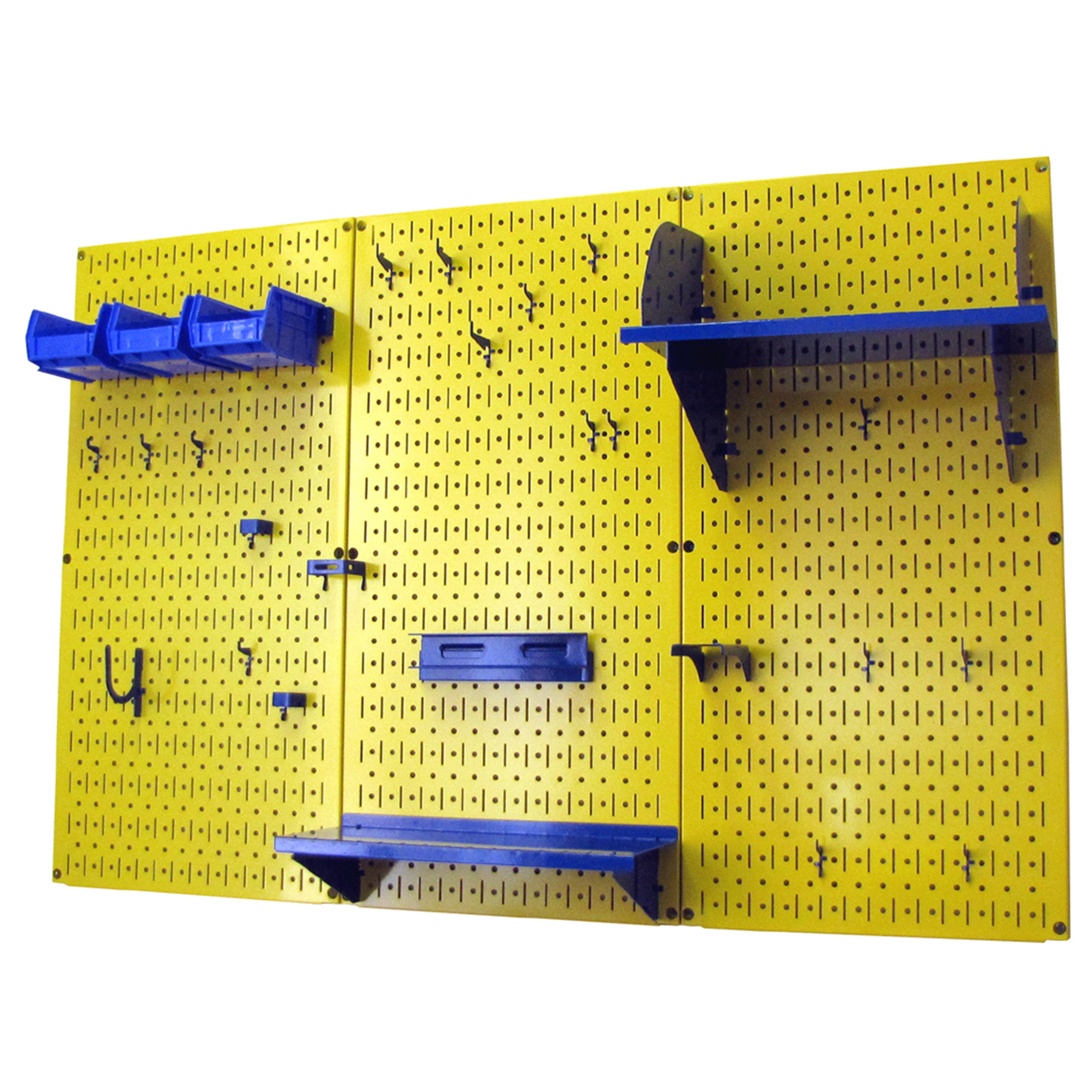 product: Wall Control Storage Systems 4' Metal Pegboard Standard Tool Storage Kit - Yellow Toolboard & Blue Accessories shown