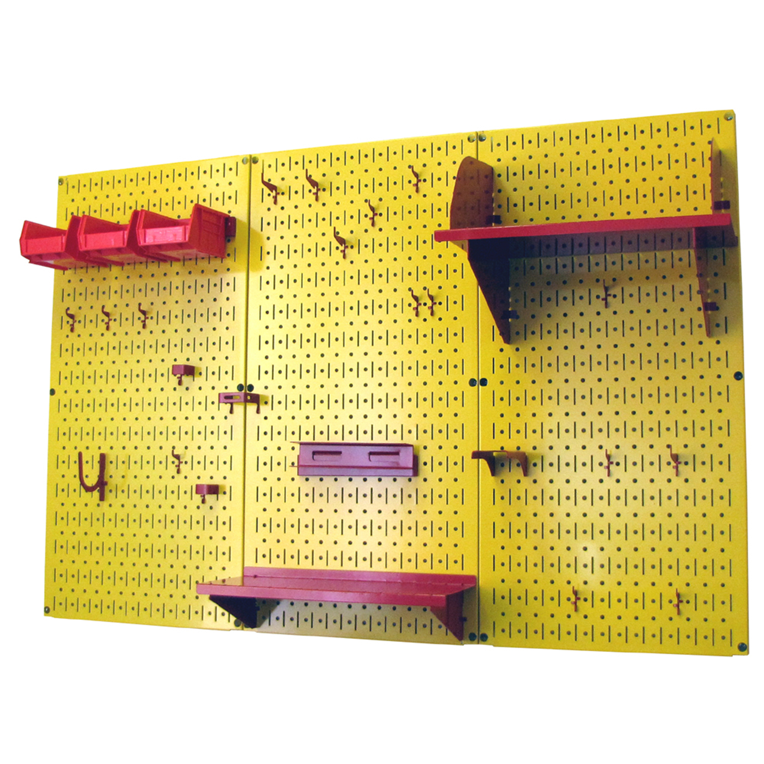 product: Wall Control Storage Systems 4' Metal Pegboard Standard Tool Storage Kit - Yellow Toolboard & Red Accessories shown