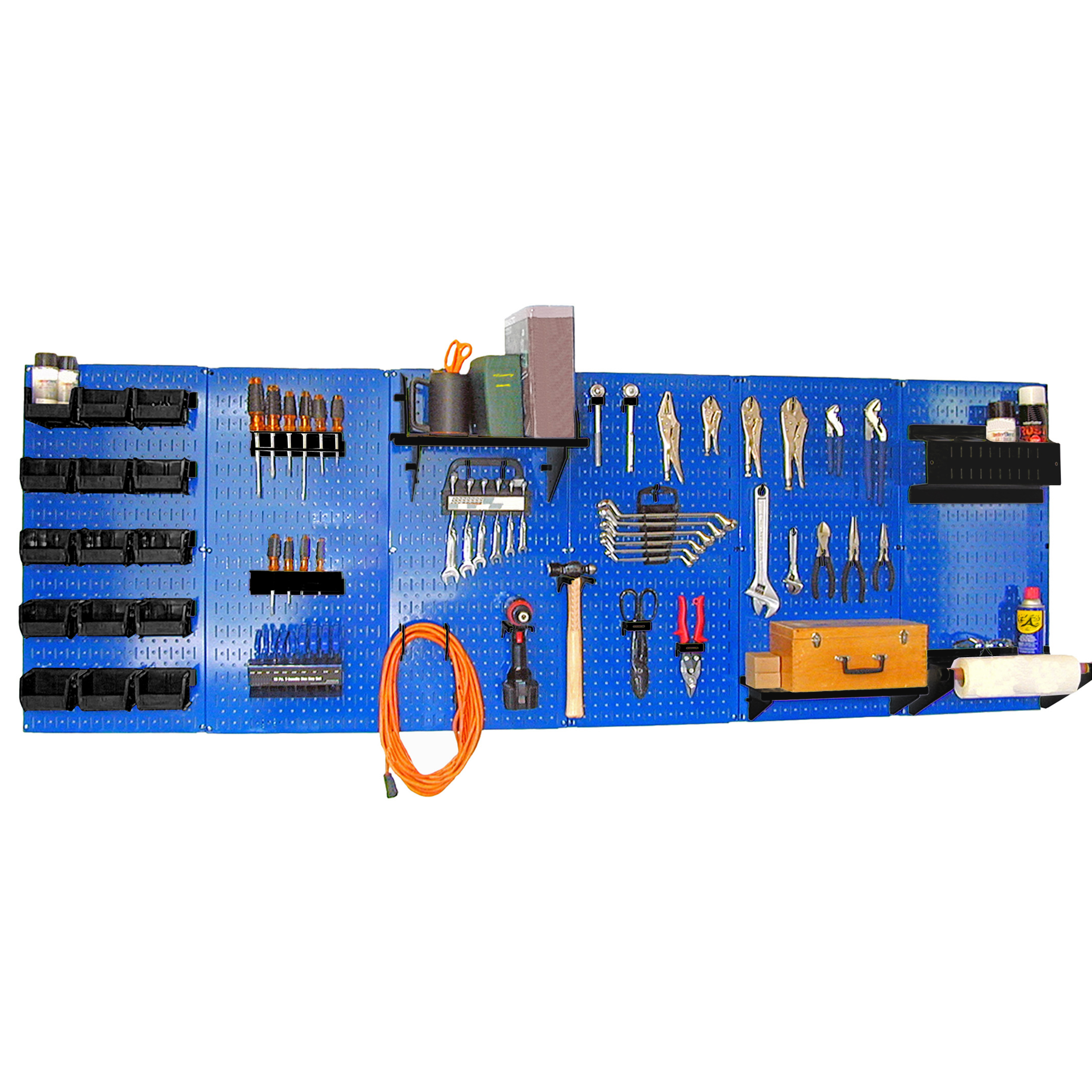 product: Wall Control Storage Systems 8' Metal Pegboard Master Workbench Kit - Blue Toolboard & Black Accessories shown