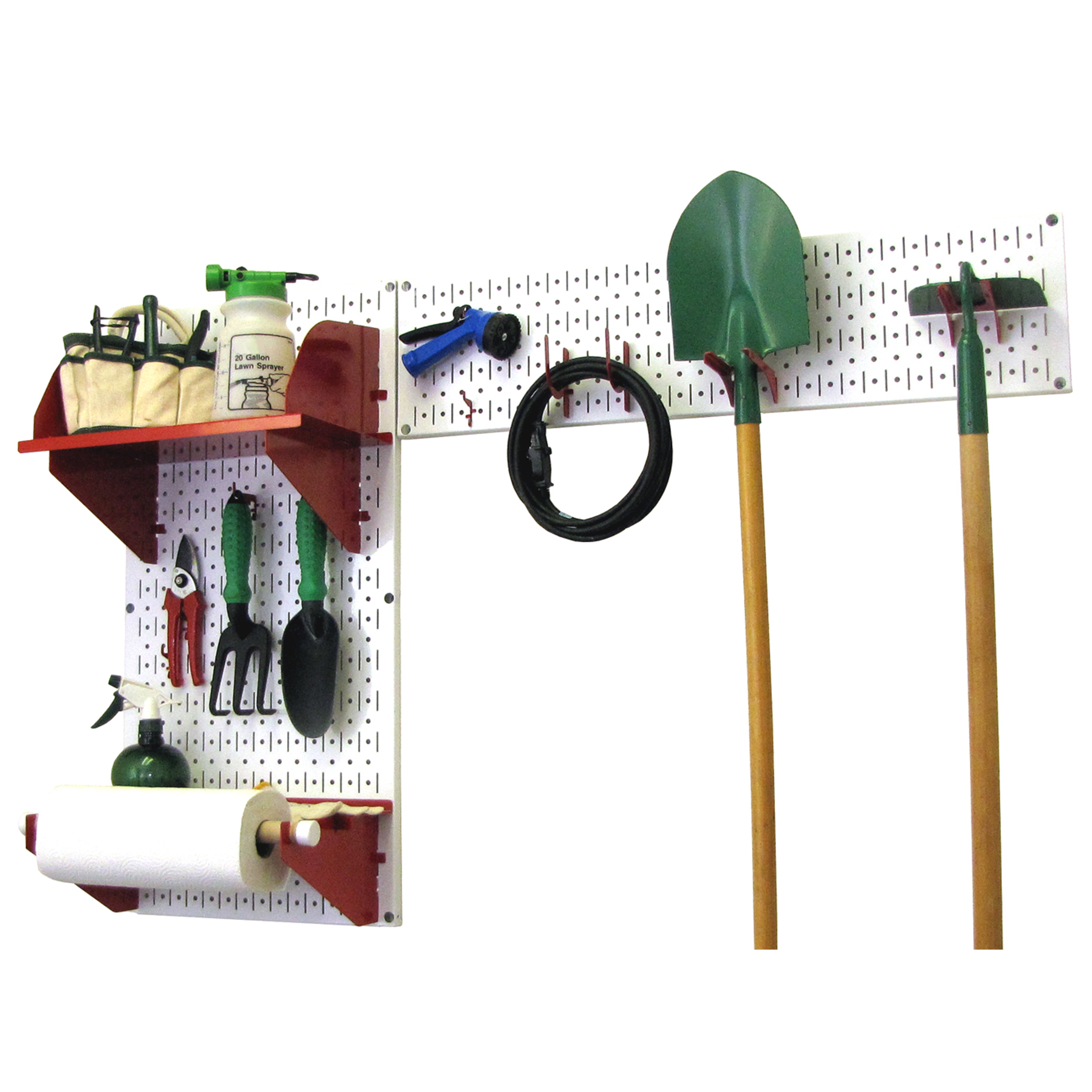 Pegboard Garden Tool Board Organizer With White Pegboard And Red Accessories
