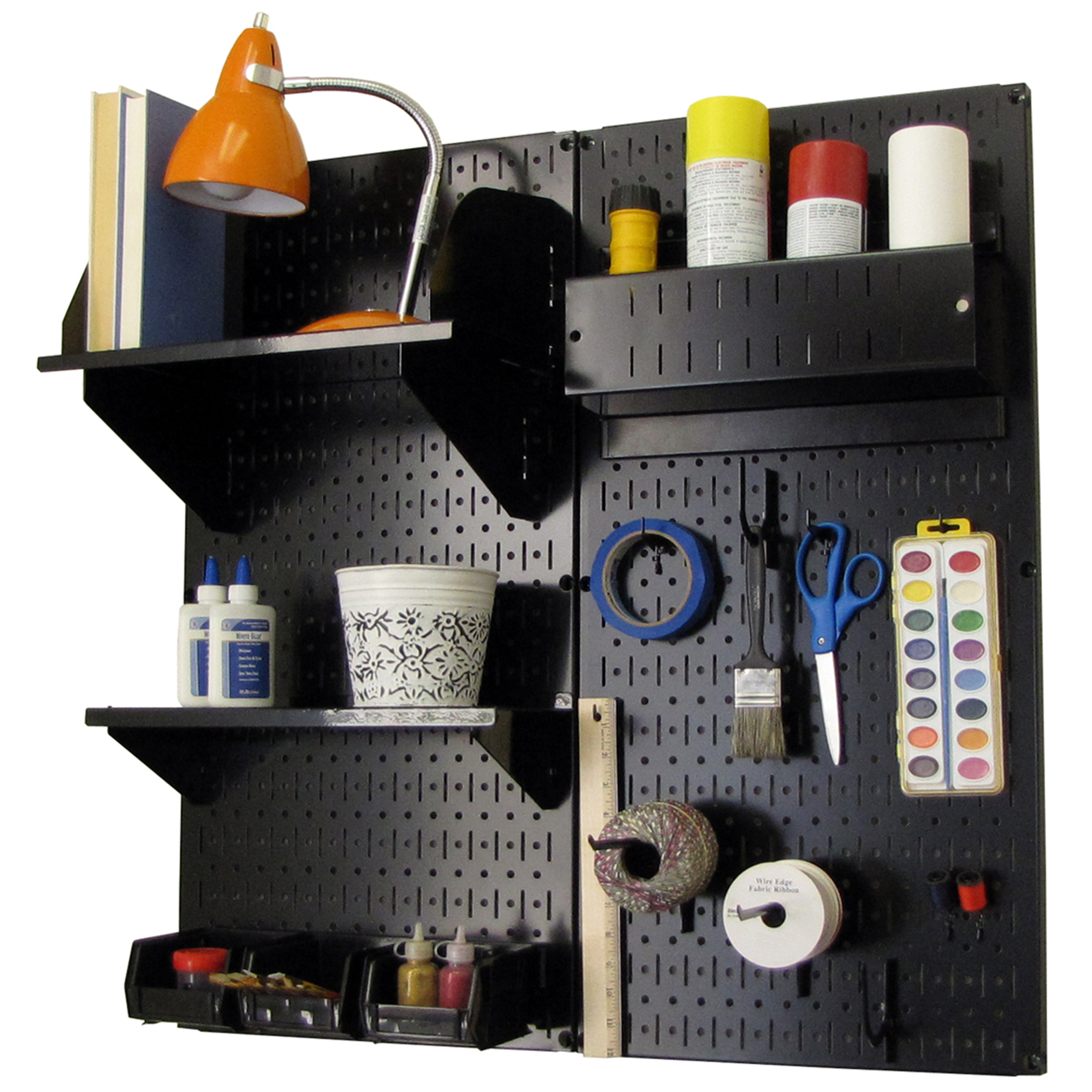 product: Wall Control Storage Systems Pegboard Hobby Craft Pegboard Organizer Storage Kit with Black Pegboard and Black Accessories shown