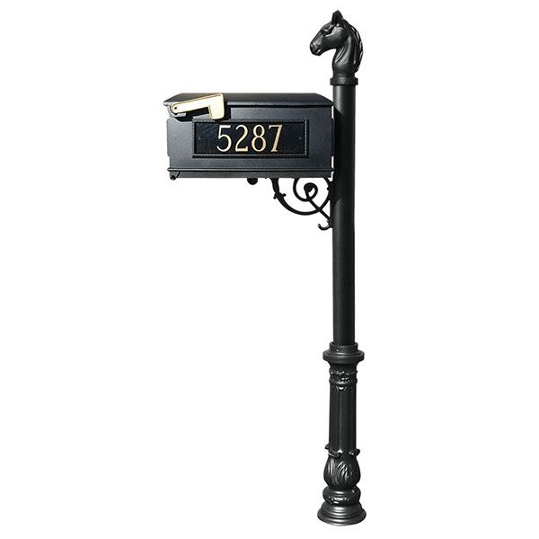 Lewiston Equine Mailbox With Post, Horsehead Finial, And Ornate Base, Black With Gold Lettering