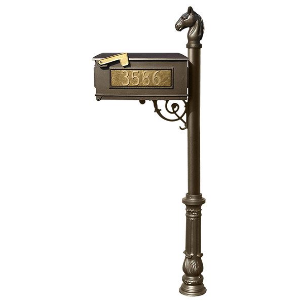 Lewiston Equine Mailbox With Post, Horsehead Finial, And Ornate Base, Bronze With Gold Lettering