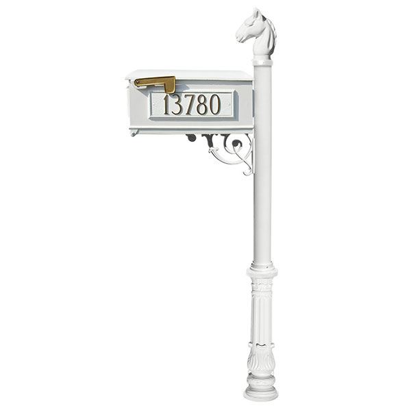 Lewiston Equine Mailbox With Post, Horsehead Finial, Ornate Base And Fleur-de-lis Front Plate, White With Gold Lettering