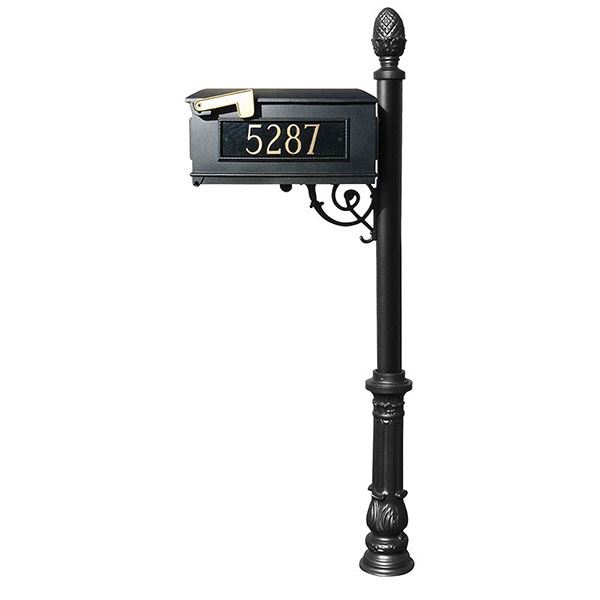 Lewiston Mailbox With Post, Pineapple Finial, And Ornate Base, Black With Gold Lettering