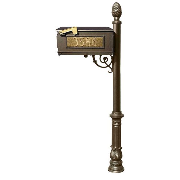 Lewiston Mailbox With Post, Pineapple Finial, And Ornate Base, Bronze With Gold Lettering
