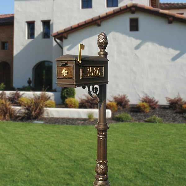 Lewiston Mailbox With Post, Pineapple Finial, Ornate Base And Fleur-de-lis Front Plate, Bronze With Gold Lettering