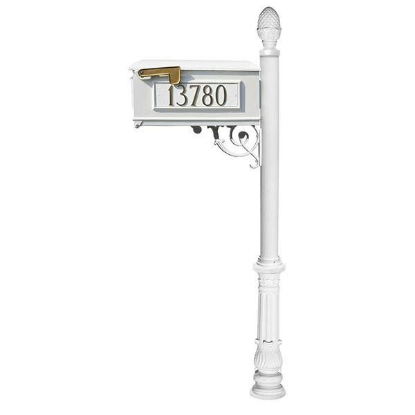 Lewiston Mailbox With Post, Pineapple Finial, And Ornate Base, White With Gold Lettering