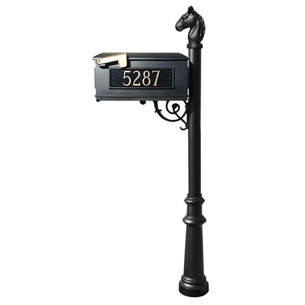 Lewiston Equine Mailbox With Post, Horsehead Finial, Fluted Base And Fleur-de-lis Front Plate, Black With Gold Lettering