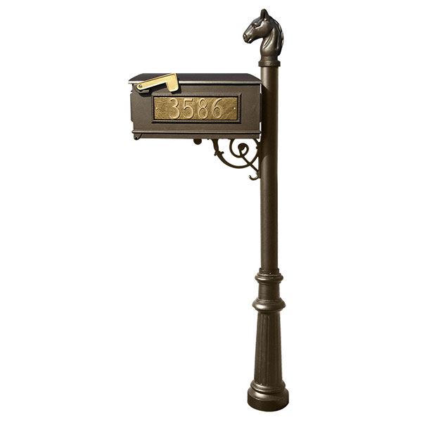 Lewiston Equine Mailbox With Post, Horsehead Finial, And Fluted Base, Bronze With Gold Lettering