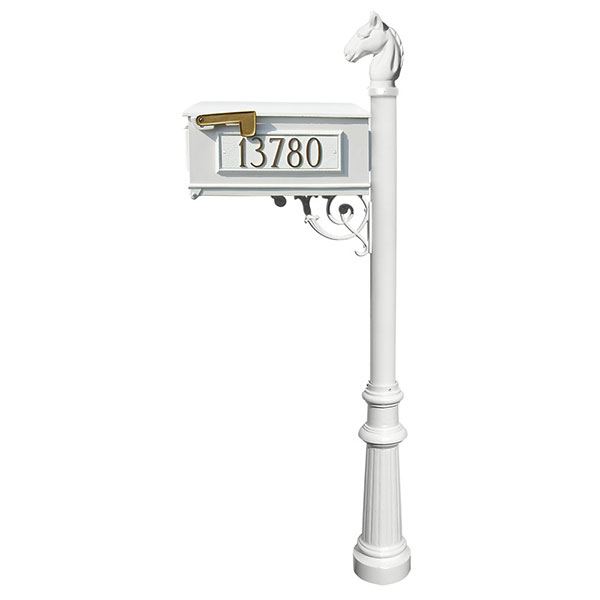 Lewiston Equine Mailbox With Post, Horsehead Finial, And Fluted Base, White With Gold Letter