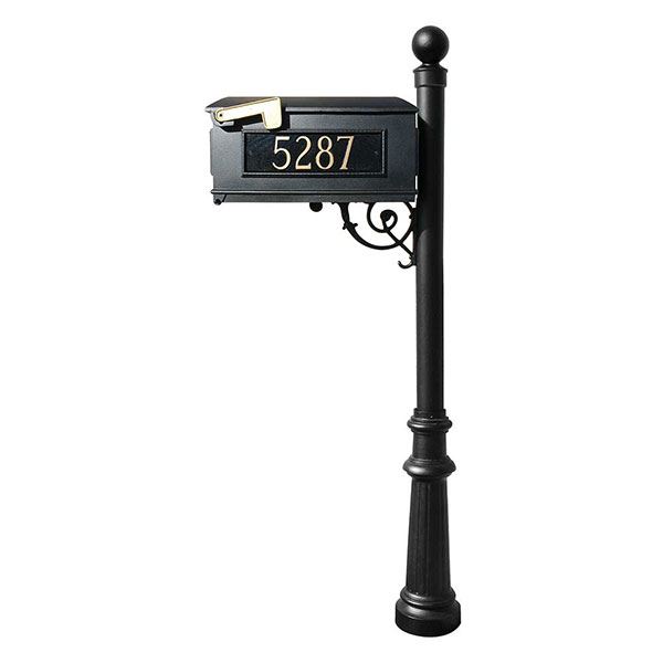 Lewiston Mailbox With Post, Ball Finial, Fluted Base And Fleur-de-lis Front Plate, Black With Gold Lettering