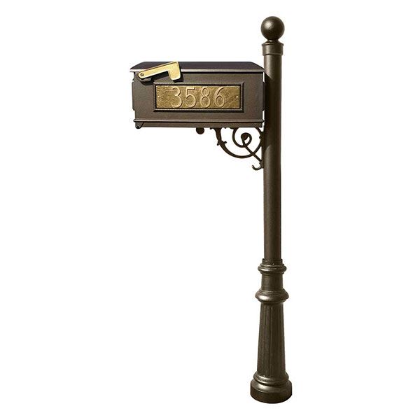 Lewiston Mailbox With Post, Ball Finial, Fluted Base And Fleur-de-lis Front Plate, Bronze With Gold Lettering