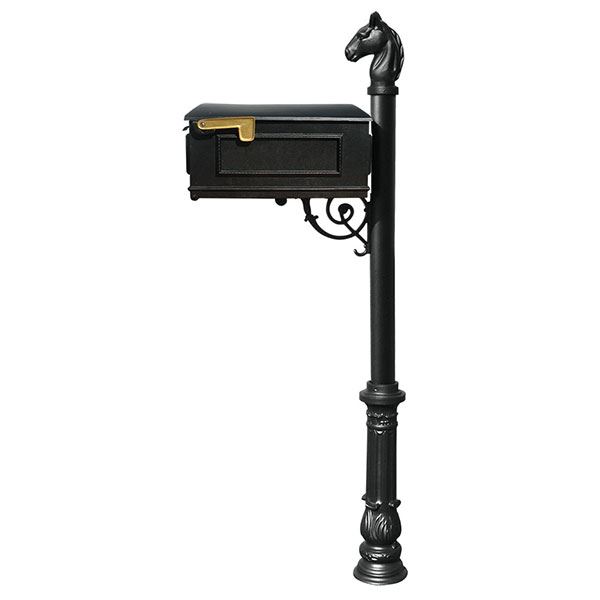 Lewiston Equine Mailbox With Post, Horsehead Finial, And Ornate Base, Black