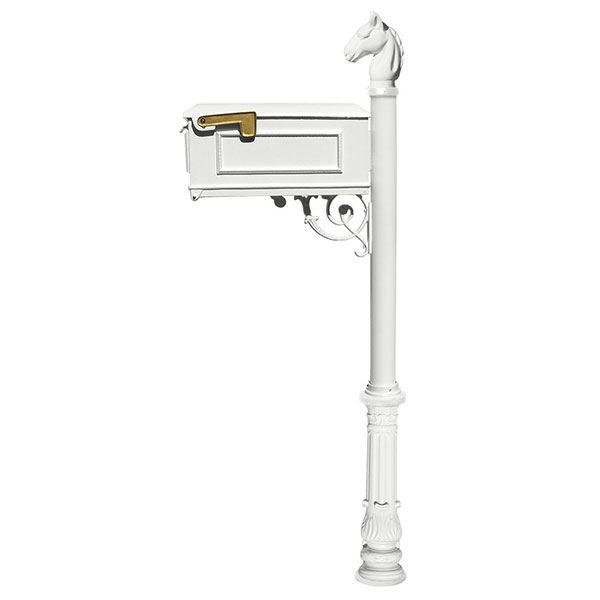 Lewiston Equine Mailbox With Post, Horsehead Finial, And Ornate Base, White