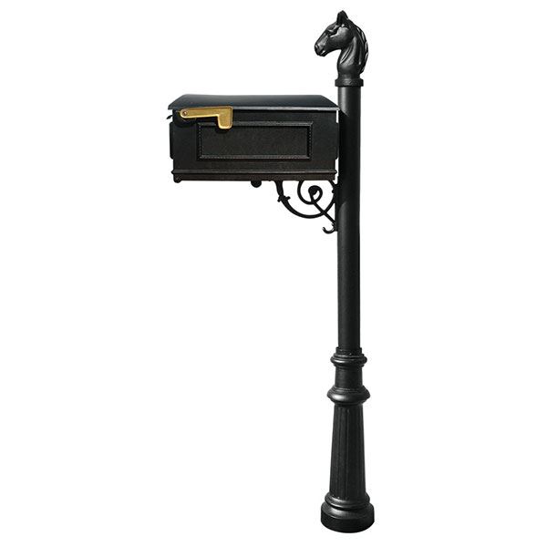 Lewiston Equine Mailbox With Post, Horsehead Finial, And Fluted Base, Black