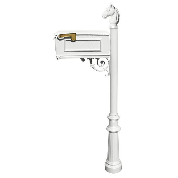 Lewiston Equine Mailbox With Post, Horsehead Finial, And Fluted Base, White