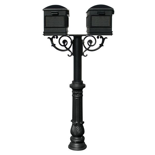 Lewiston Mailboxes With Hanford Twin Post, Support Braces And Ornate Base, Black