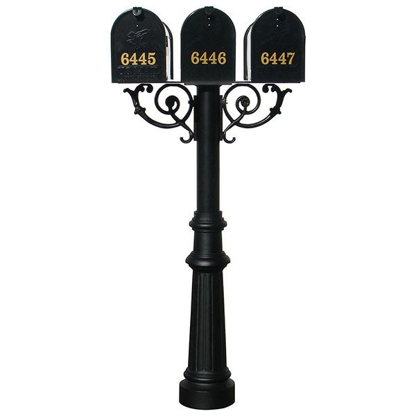 Economy Mailboxes With Hanford Triple Post, Support Braces, And Fluted Base, Black