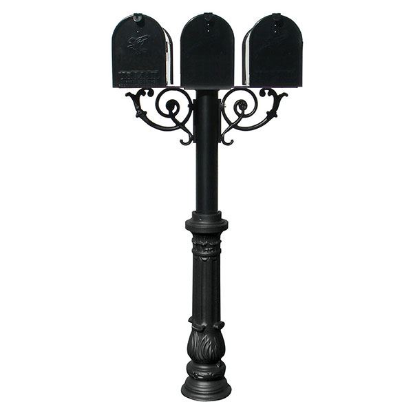 Economy Mailboxes With Hanford Triple Post, Support Braces And Ornate Base, Black