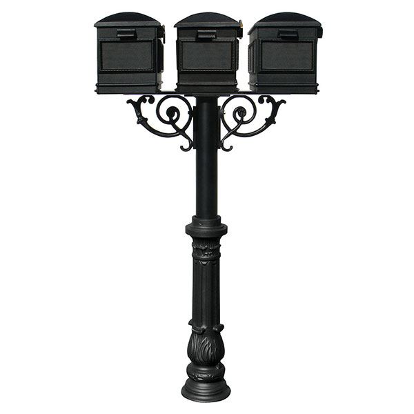 Lewiston Mailboxes With Hanford Triple Post, Support Braces And Ornate Base, Black